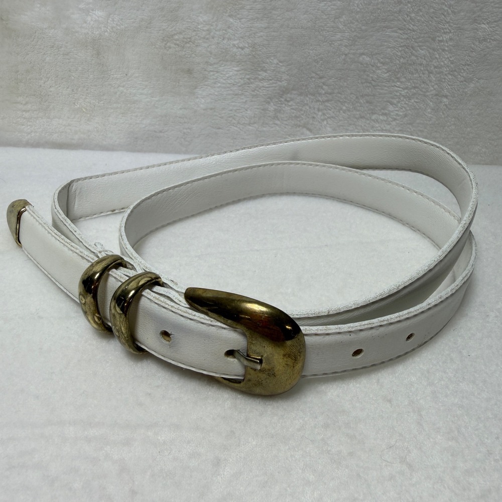 Vintage White Faux Leather Skinny Belt Gold Tone Buckle Metal Tip 38 Inch